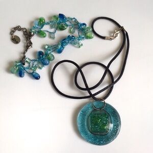 Blue, Green Glass Pendant Necklace & ZAD Bracelet